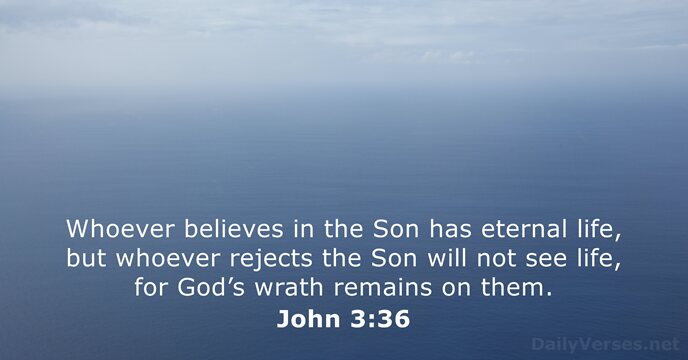 Whoever believes in the Son has eternal life, but whoever rejects the… John 3:36