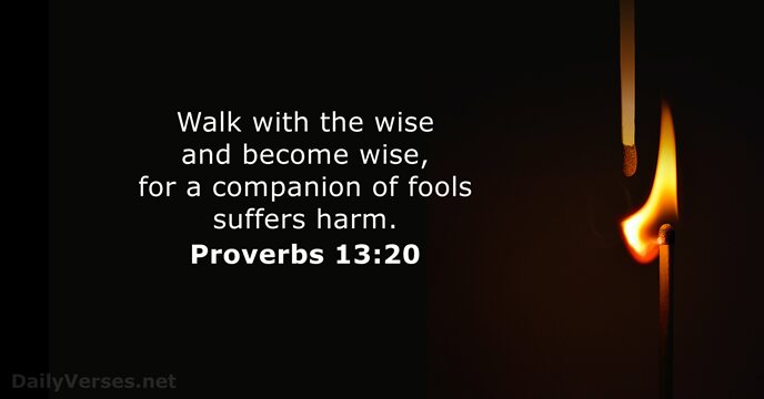 Walk with the wise and become wise, for a companion of fools suffers harm. Proverbs 13:20