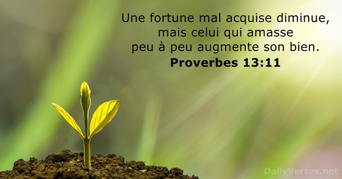 Une fortune mal acquise diminue, mais celui qui amasse peu à peu… Proverbes 13:11