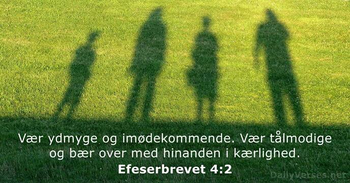 Vær ydmyge og imødekommende. Vær tålmodige og bær over med hinanden i kærlighed. Efeserbrevet 4:2