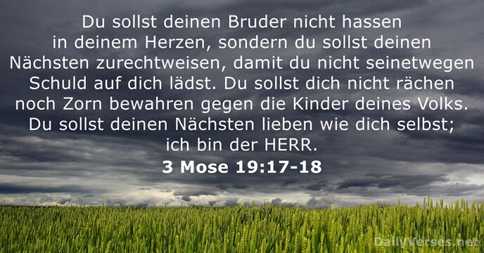 Du sollst deinen Bruder nicht hassen in deinem Herzen, sondern du sollst… 3 Mose 19:17-18