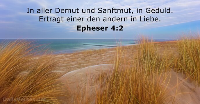 In aller Demut und Sanftmut, in Geduld. Ertragt einer den andern in Liebe. Epheser 4:2