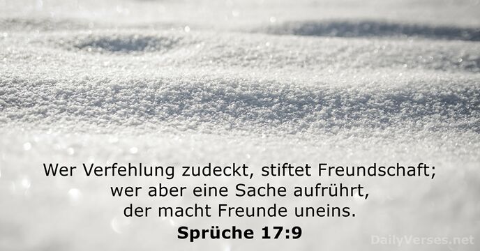 Wer Verfehlung zudeckt, stiftet Freundschaft; wer aber eine Sache aufrührt, der macht Freunde uneins. Sprüche 17:9