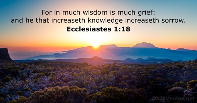 For in much wisdom is much grief: and he that increaseth knowledge increaseth sorrow. Ecclesiastes 1:18