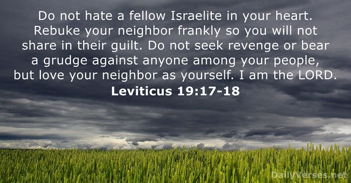 Do not hate a fellow Israelite in your heart. Rebuke your neighbor… Leviticus 19:17-18