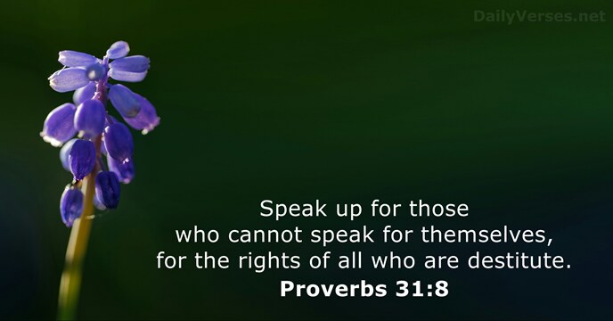 Speak up for those who cannot speak for themselves, for the rights… Proverbs 31:8