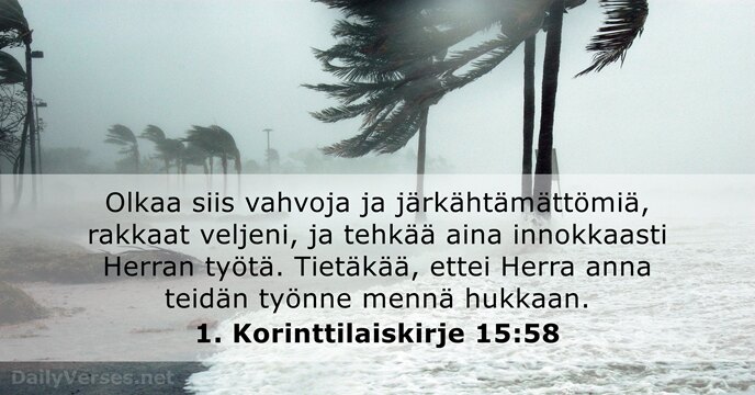 Olkaa siis vahvoja ja järkähtämättömiä, rakkaat veljeni, ja tehkää aina innokkaasti Herran… 1. Korinttilaiskirje 15:58