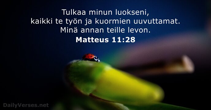 Tulkaa minun luokseni, kaikki te työn ja kuormien uuvuttamat. Minä annan teille levon. Matteus 11:28