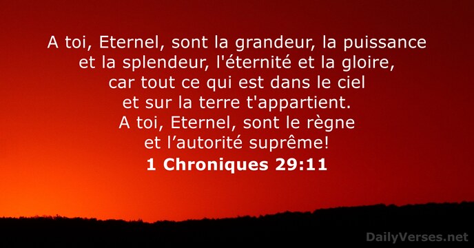 A toi, Eternel, sont la grandeur, la puissance et la splendeur, l'éternité… 1 Chroniques 29:11