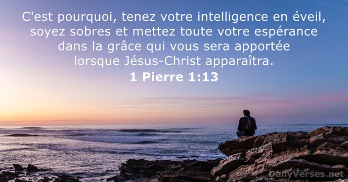 C'est pourquoi, tenez votre intelligence en éveil, soyez sobres et mettez toute… 1 Pierre 1:13