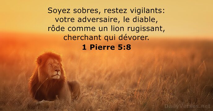 Soyez sobres, restez vigilants: votre adversaire, le diable, rôde comme un lion… 1 Pierre 5:8