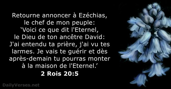 Retourne annoncer à Ezéchias, le chef de mon peuple: ‘Voici ce que… 2 Rois 20:5