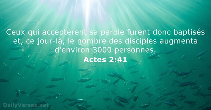 Ceux qui acceptèrent sa parole furent donc baptisés et, ce jour-là, le… Actes 2:41