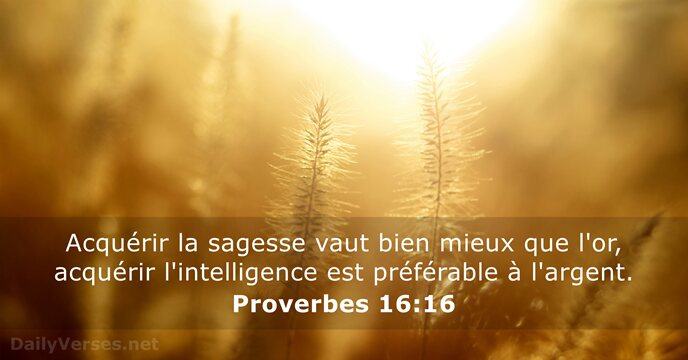 Acquérir la sagesse vaut bien mieux que l'or, acquérir l'intelligence est préférable à l'argent. Proverbes 16:16
