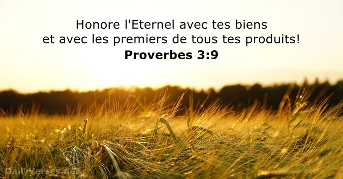 Honore l'Eternel avec tes biens et avec les premiers de tous tes produits! Proverbes 3:9