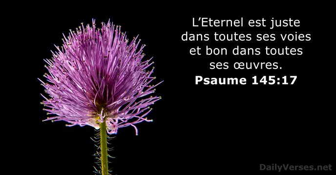 L’Eternel est juste dans toutes ses voies et bon dans toutes ses œuvres. Psaume 145:17