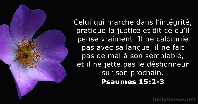 Celui qui marche dans l’intégrité, pratique la justice et dit ce qu’il… Psaume 15:2-3