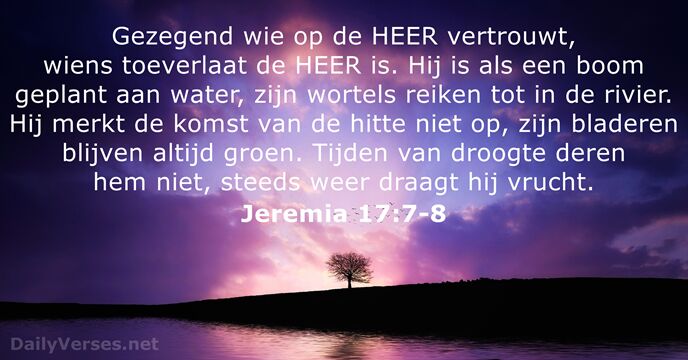 Gezegend wie op de HEER vertrouwt, wiens toeverlaat de HEER is. Hij… Jeremia 17:7-8