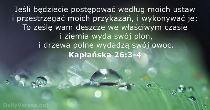 Jeśli będziecie postępować według moich ustaw i przestrzegać moich przykazań, i wykonywać… Kapłańska 26:3-4