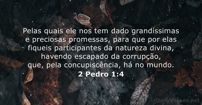 Pelas quais ele nos tem dado grandíssimas e preciosas promessas, para que… 2 Pedro 1:4