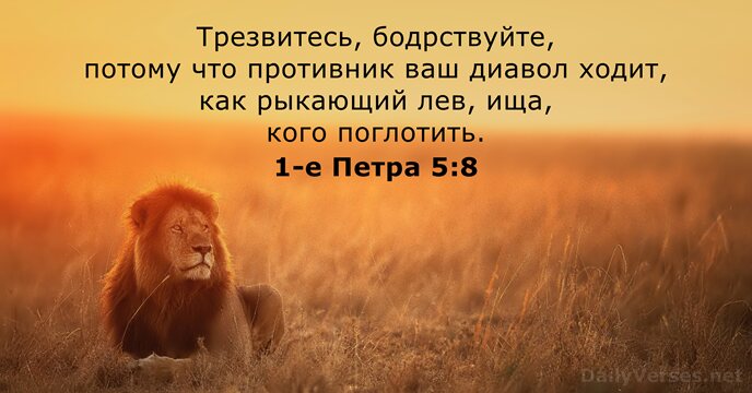 Трезвитесь, бодрствуйте, потому что противник ваш диавол ходит, как рыкающий лев, ища, кого поглотить. 1-е Петра 5:8