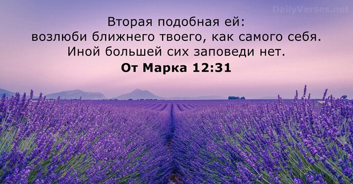 Вторая подобная ей: возлюби ближнего твоего, как самого себя. Иной большей сих заповеди нет. От Марка 12:31