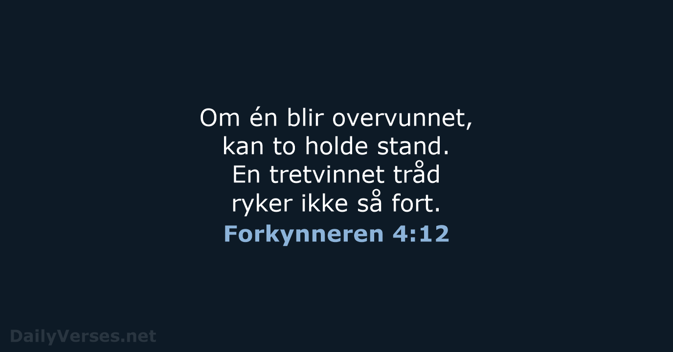 Om én blir overvunnet, kan to holde stand. En tretvinnet tråd ryker… Forkynneren 4:12