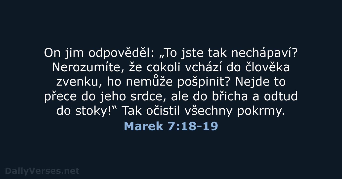 On jim odpověděl: „To jste tak nechápaví? Nerozumíte, že cokoli vchází do… Marek 7:18-19