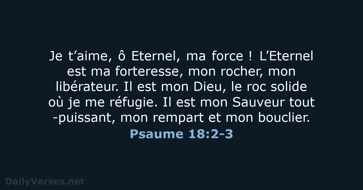 Je t’aime, ô Eternel, ma force ! L’Eternel est ma forteresse, mon rocher… Psaume 18:2-3