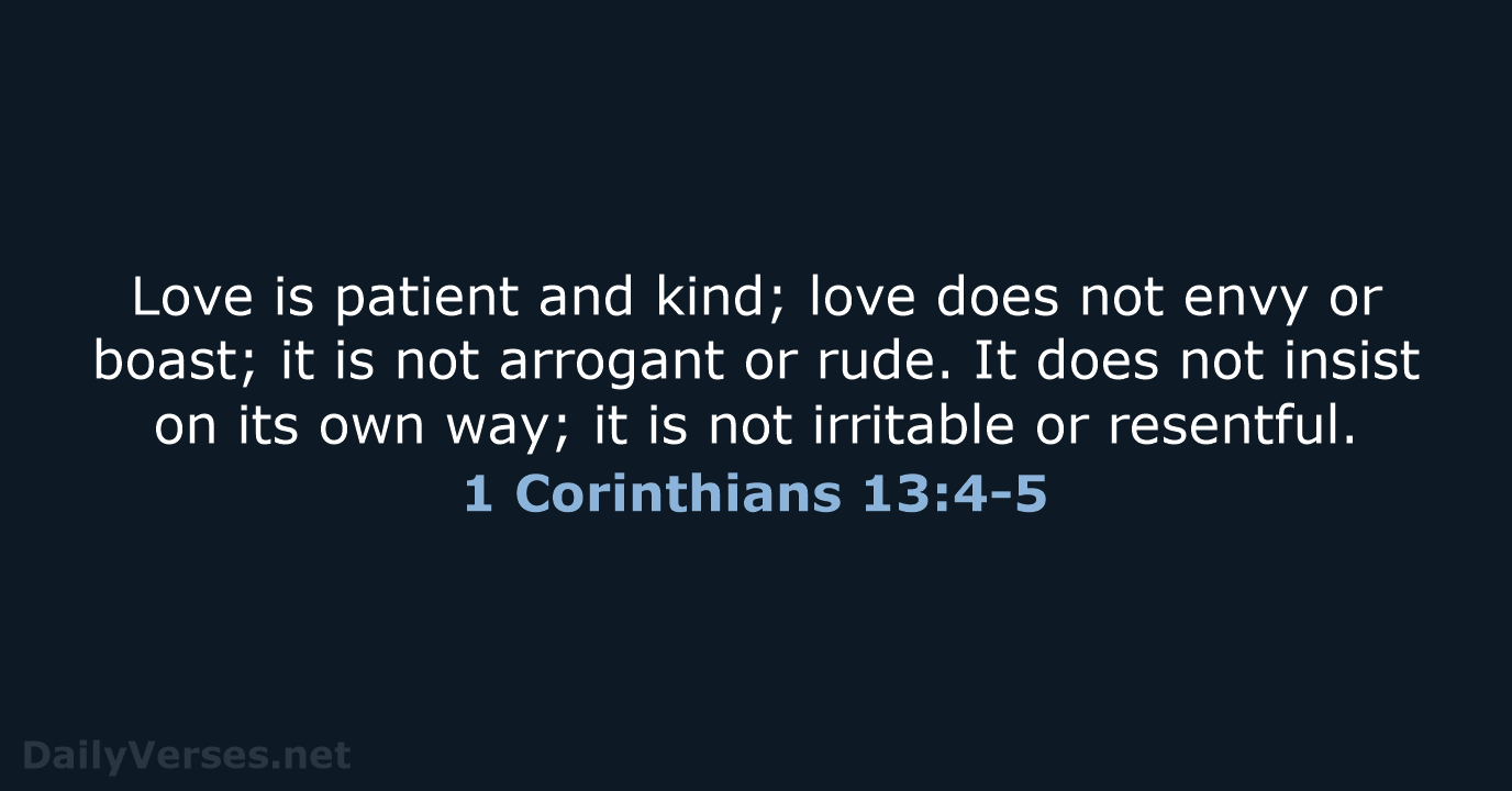Love is patient and kind; love does not envy or boast; it… 1 Corinthians 13:4-5