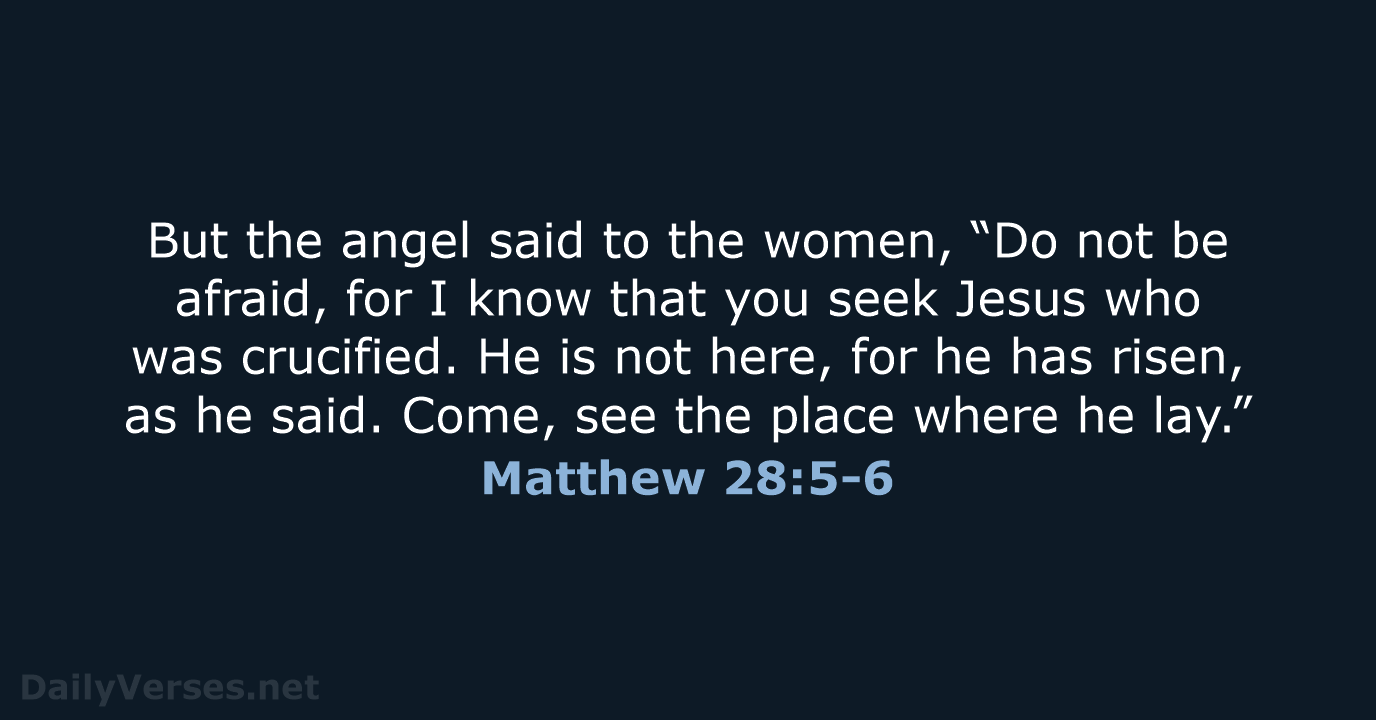 But the angel said to the women, “Do not be afraid, for… Matthew 28:5-6