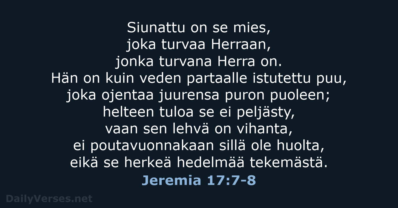 Siunattu on se mies, joka turvaa Herraan, jonka turvana Herra on. Hän… Jeremia 17:7-8