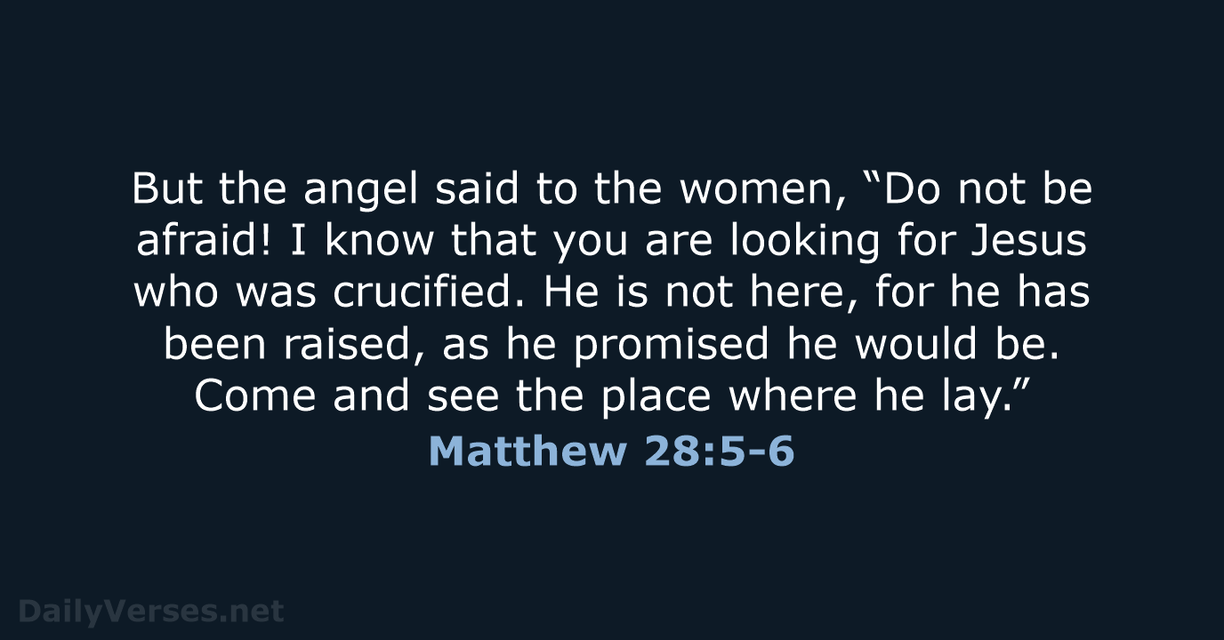 But the angel said to the women, “Do not be afraid! I… Matthew 28:5-6