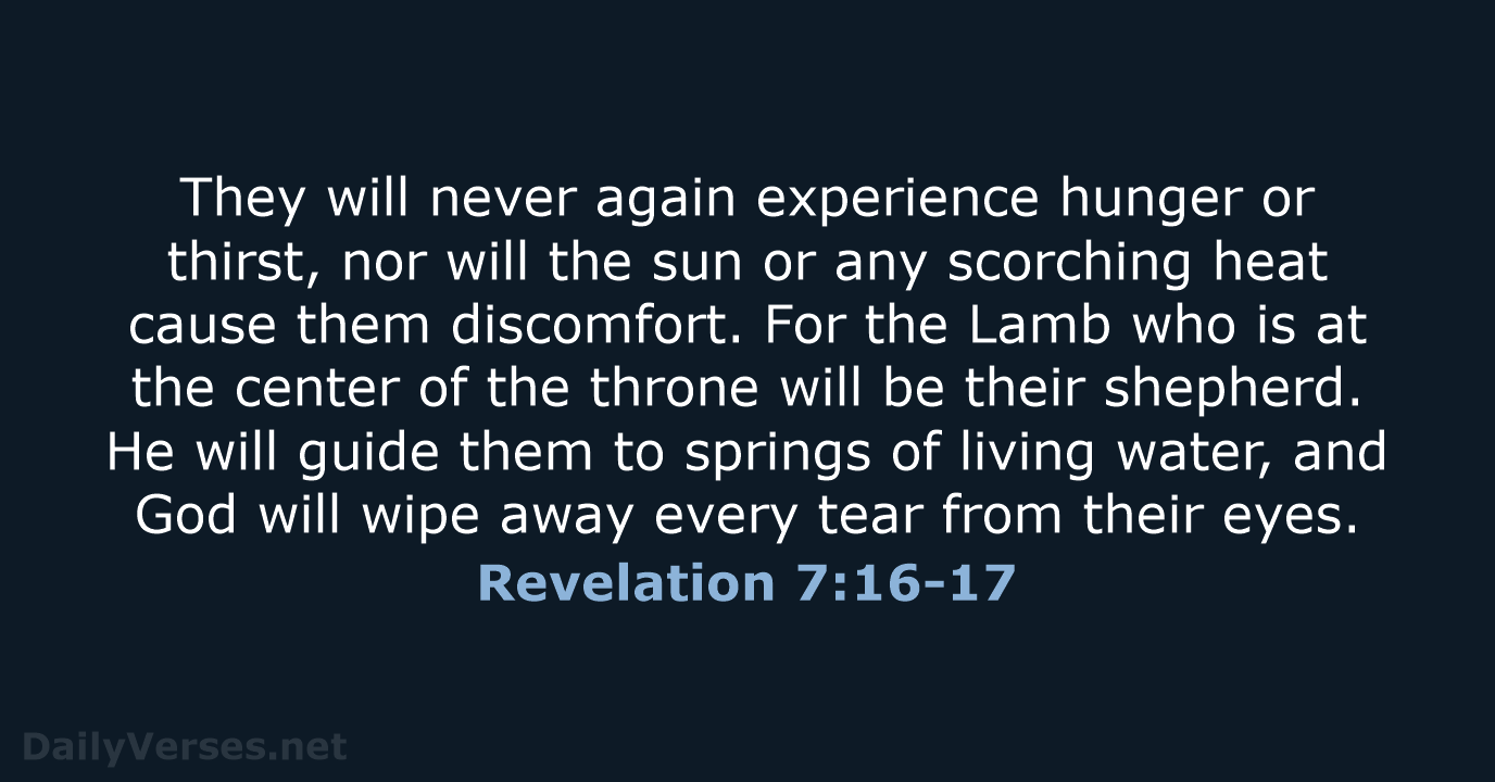 They will never again experience hunger or thirst, nor will the sun… Revelation 7:16-17