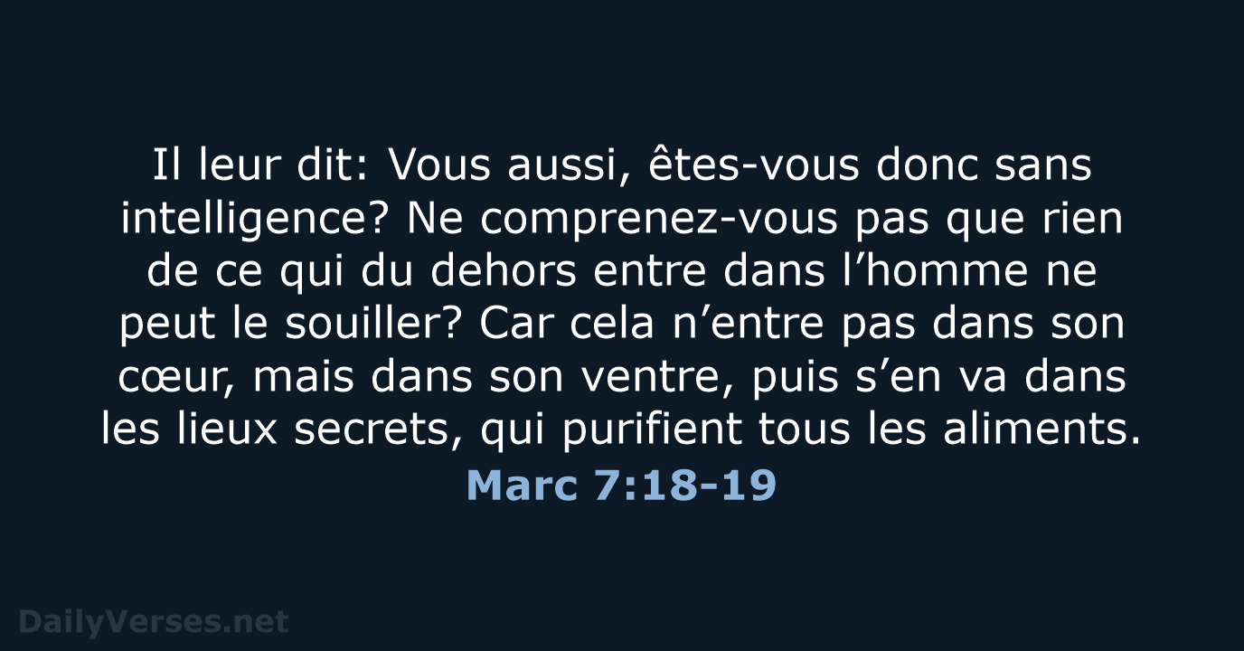 Il leur dit: Vous aussi, êtes-vous donc sans intelligence? Ne comprenez-vous pas… Marc 7:18-19