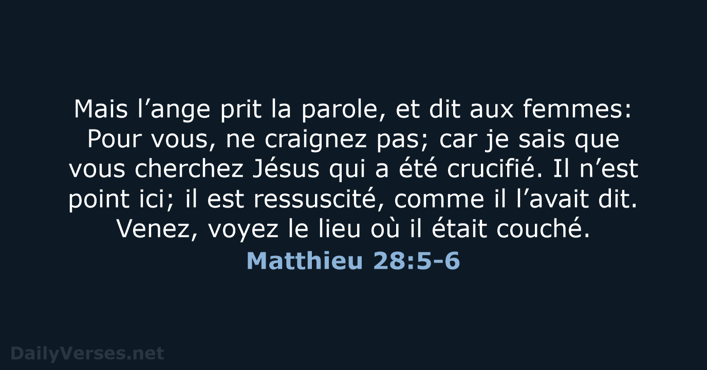 Mais l’ange prit la parole, et dit aux femmes: Pour vous, ne… Matthieu 28:5-6