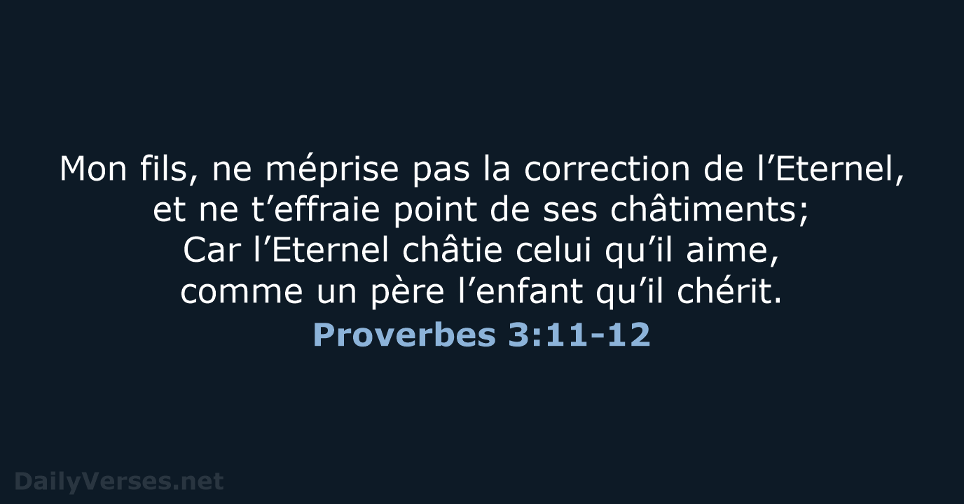 Mon fils, ne méprise pas la correction de l’Eternel, et ne t’effraie… Proverbes 3:11-12