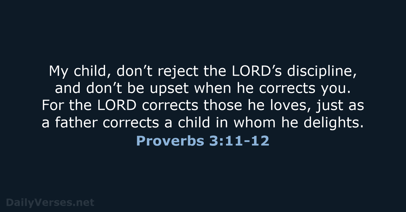 My child, don’t reject the LORD’s discipline, and don’t be upset when… Proverbs 3:11-12