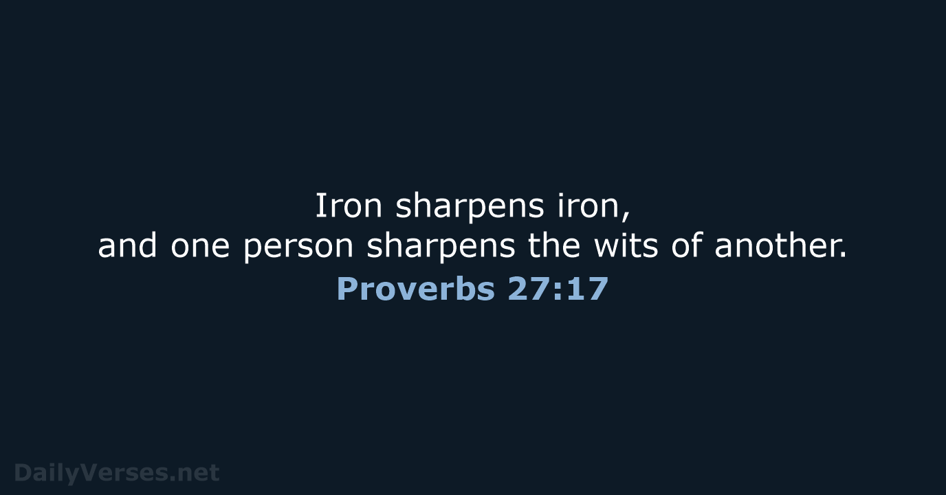 Iron sharpens iron, and one person sharpens the wits of another. Proverbs 27:17