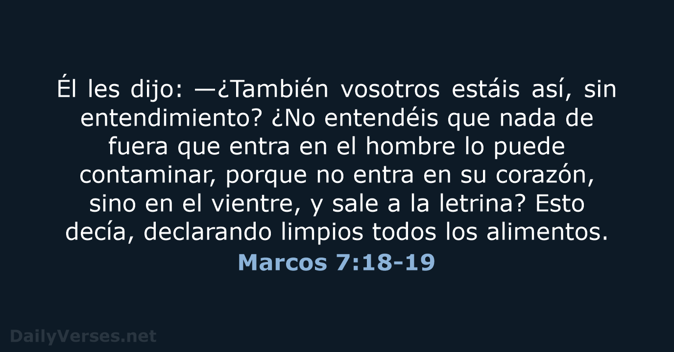 Él les dijo: —¿También vosotros estáis así, sin entendimiento? ¿No entendéis que… Marcos 7:18-19