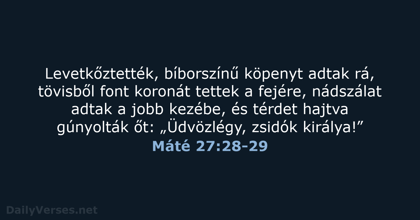 Levetkőztették, bíborszínű köpenyt adtak rá, tövisből font koronát tettek a fejére, nádszálat… Máté 27:28-29