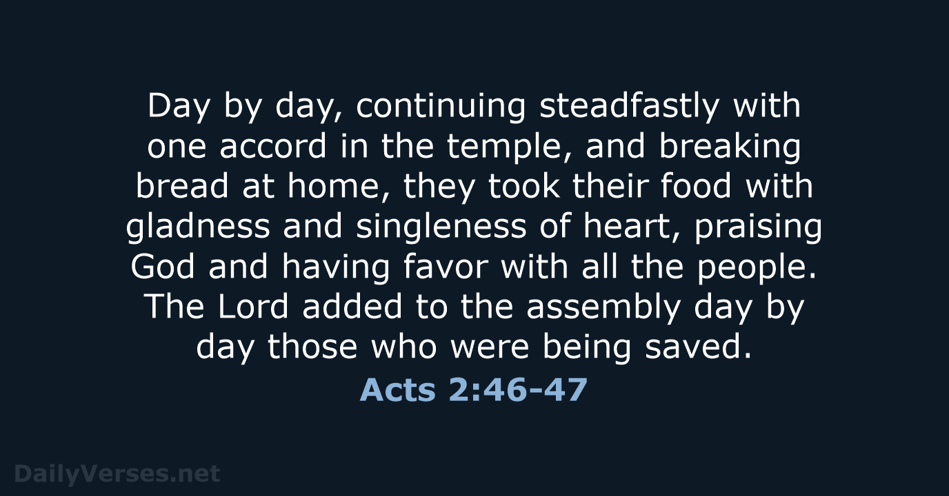 Day by day, continuing steadfastly with one accord in the temple, and… Acts 2:46-47