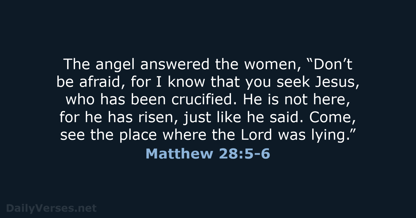 The angel answered the women, “Don’t be afraid, for I know that… Matthew 28:5-6