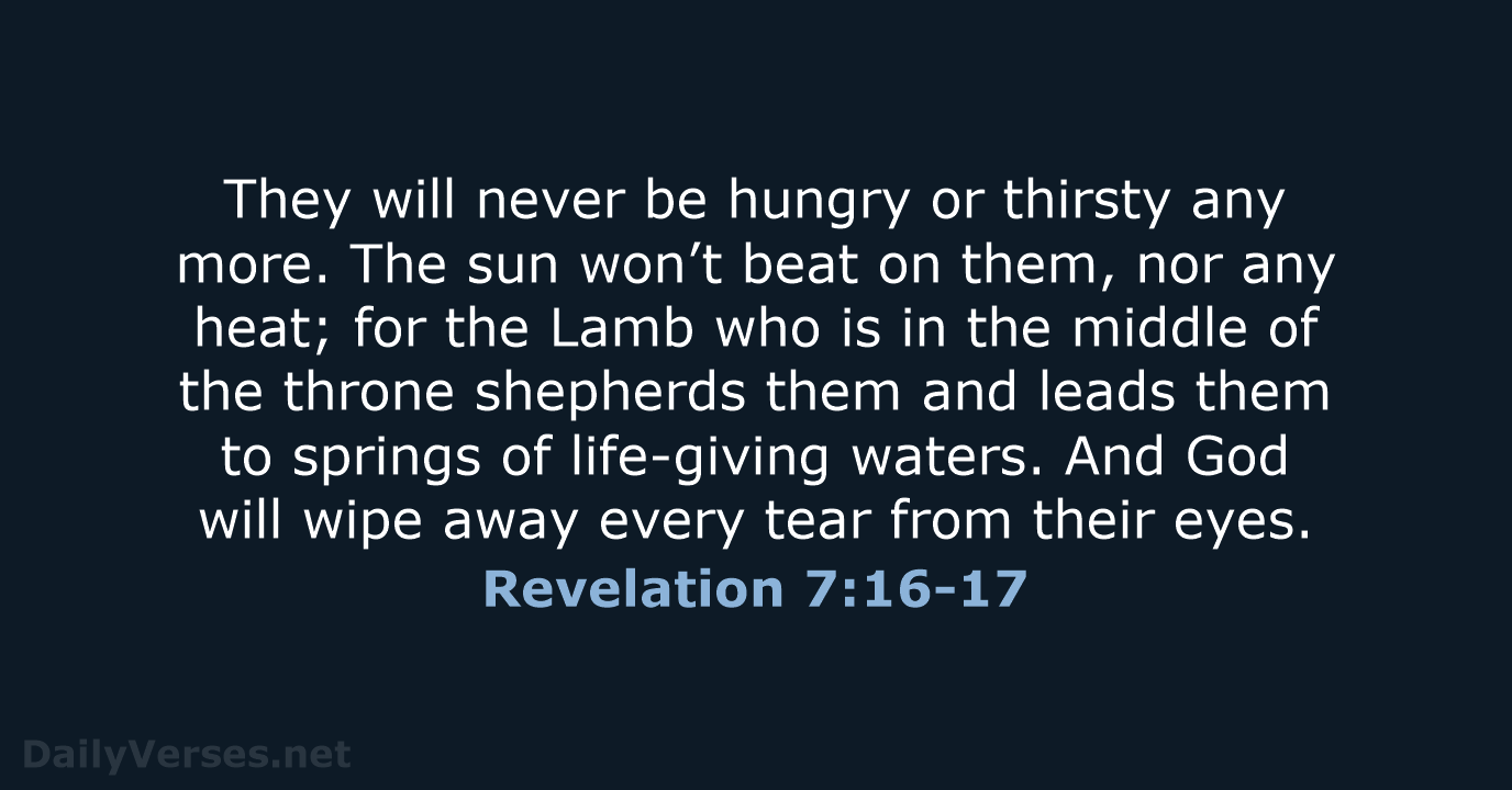 They will never be hungry or thirsty any more. The sun won’t… Revelation 7:16-17