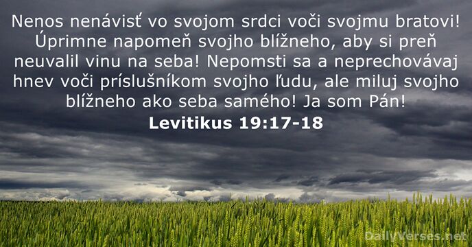 Nenos nenávisť vo svojom srdci voči svojmu bratovi! Úprimne napomeň svojho blížneho… Levitikus 19:17-18